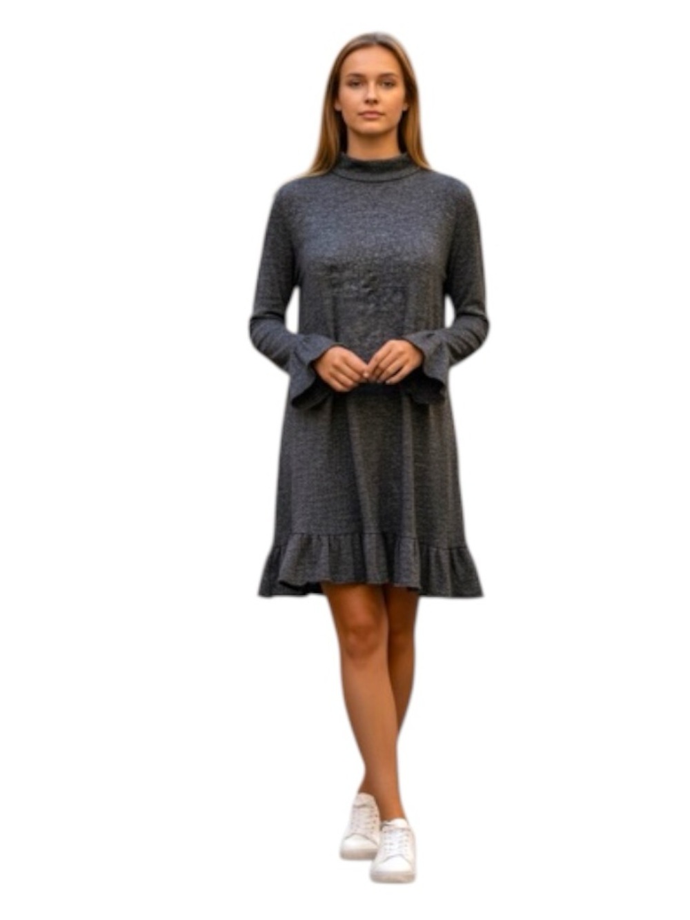 Philosophy Black Heather Midi Shirt Dress Sz S/M Jersey Knit Long Sleeve Ruffle